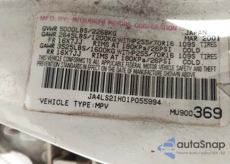 2001 Mitsubishi Montero Sport Es/Ls from USA, damaged, VIN JA4LS21H01P055994